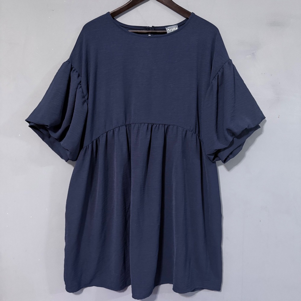 Arula A Plus Size Babydoll Mini Dress Navy Blue Short Puff Sleeve Pockets XL - Picture 1 of 9